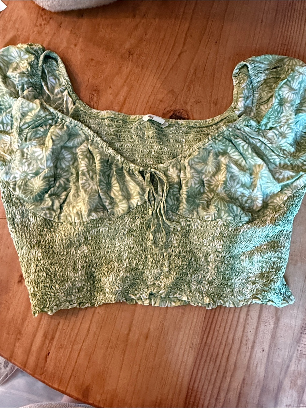 American Eagle Outfitters Light Green Smocked Floral Crop Top